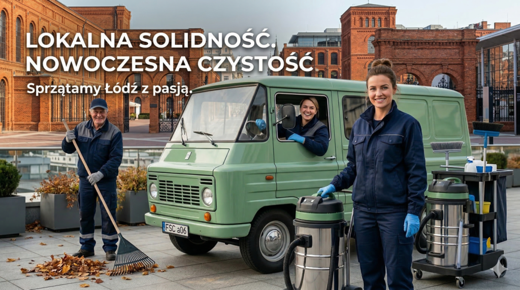 ekipa sprzątająca na tle miasta Łódź